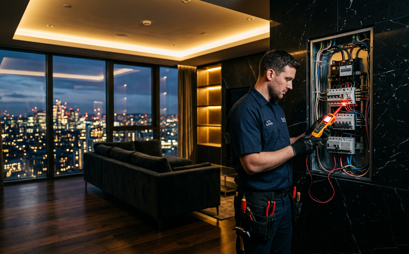Mazaya Fix electrician testing wiring in an electrical panel in a modern apartment