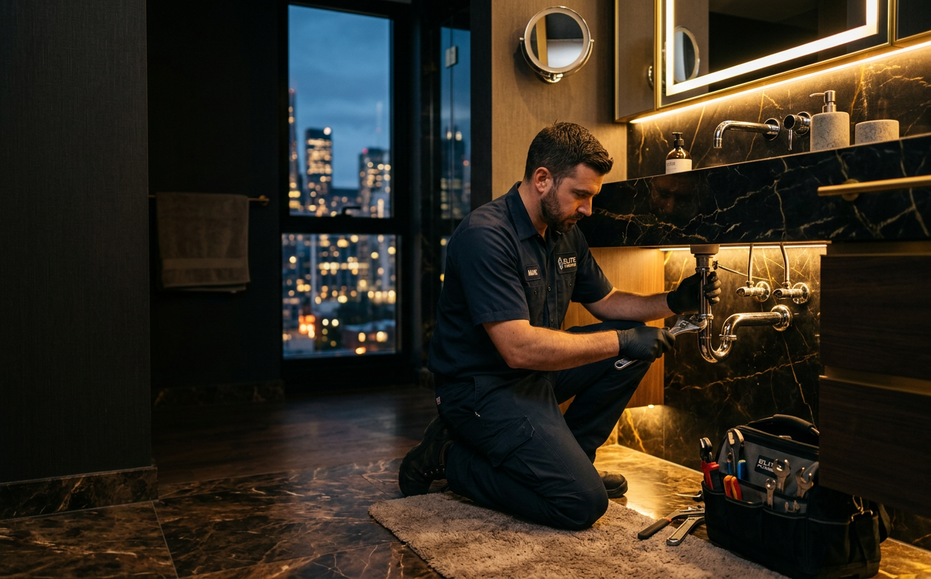 Mazaya Fix plumber repairing pipes under a marble sink in a luxury bathroom